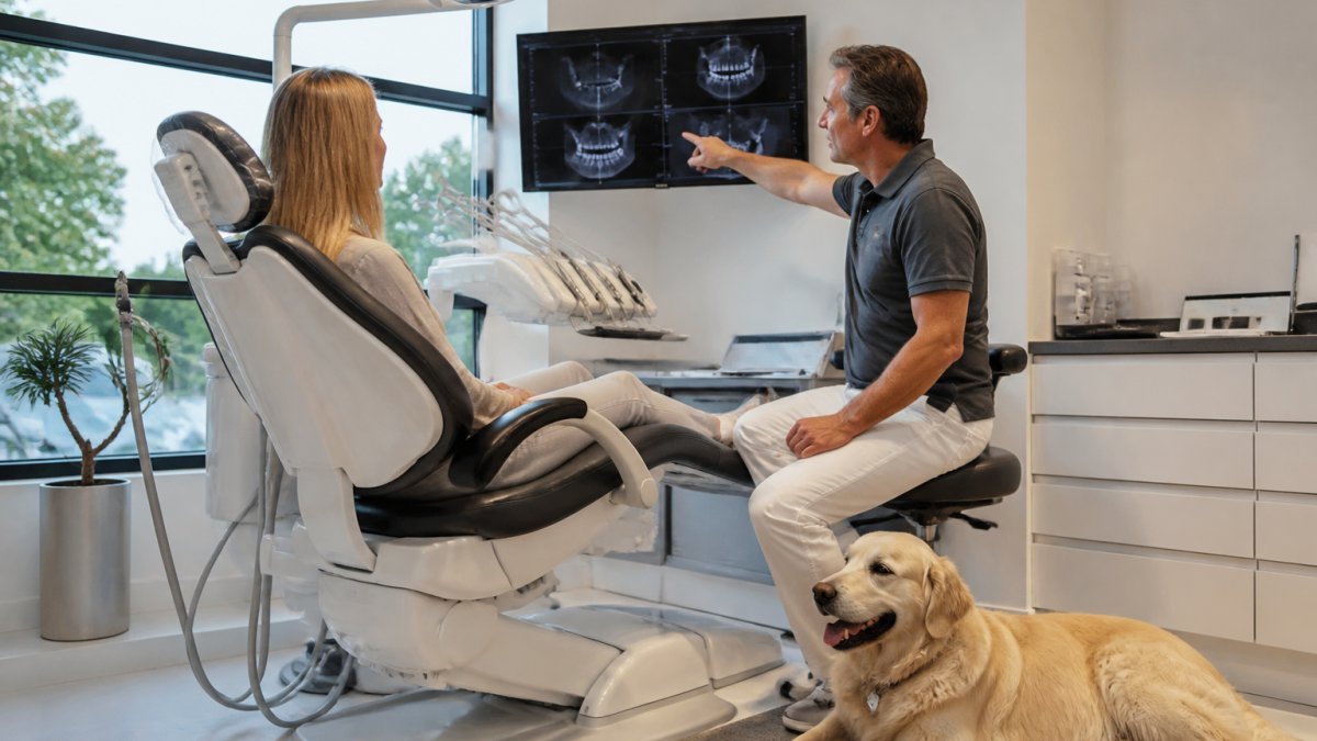 A calm modern dental practice room in Belgium with a patient seated comfortably in the chair while a dentist reviews a 3D scan on a wall-mounted screen, a therapy dog lying quietly beside the chair